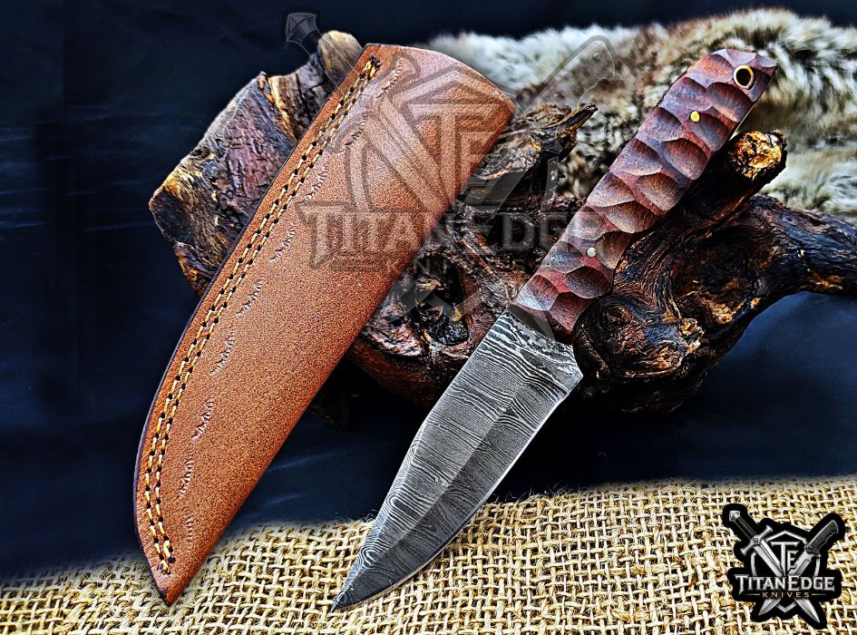 Personalized Handcrafted Damascus Hunting Knife, 8-Inch Full Tang Skinning Blade, Bushcraft EDC Tool, Wood Handle Camping Tool