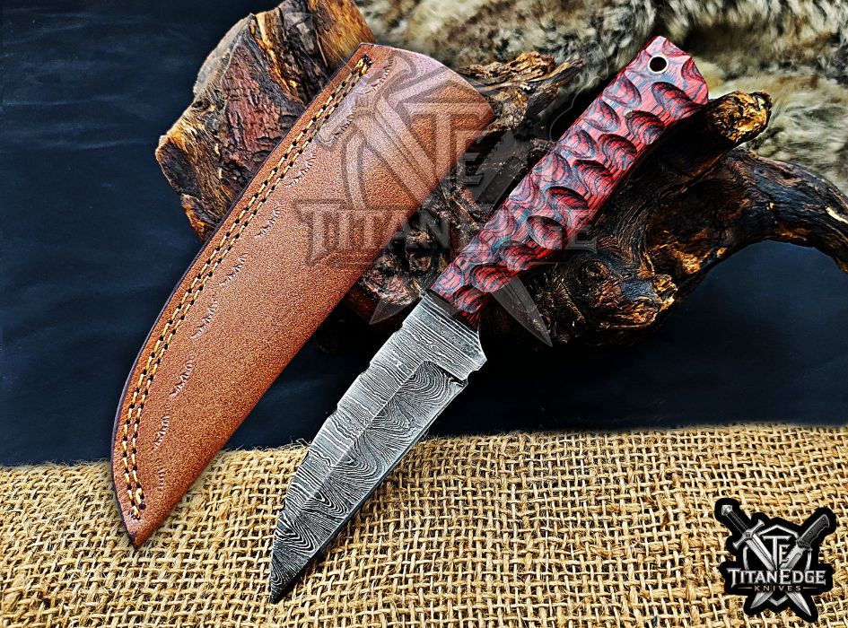 Personalized Handcrafted Damascus Hunting Knife, 8-Inch Full Tang Skinning Blade, Bushcraft EDC Tool, Wood Handle Camping Tool