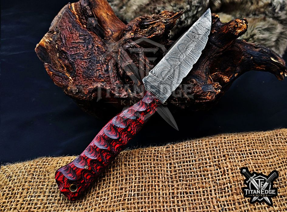 Personalized Handcrafted Damascus Hunting Knife, 8-Inch Full Tang Skinning Blade, Bushcraft EDC Tool, Wood Handle Camping Tool