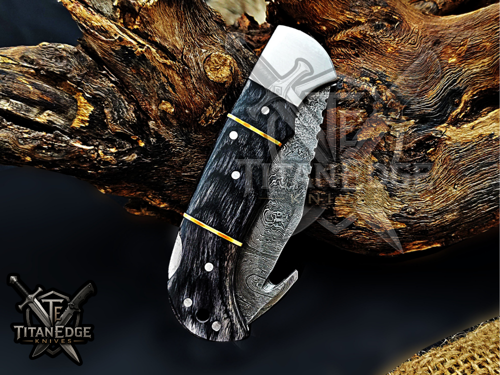 6.75" Handmade Damascus Folding Knife with Gut Hook