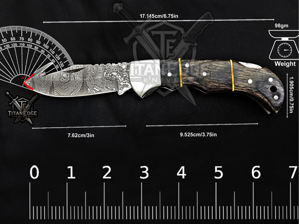 6.75" Handmade Damascus Folding Knife with Gut Hook
