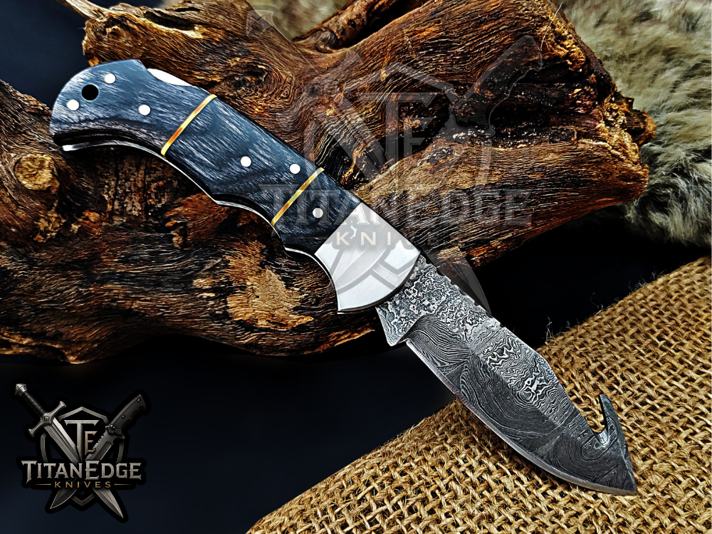 6.75" Handmade Damascus Folding Knife with Gut Hook