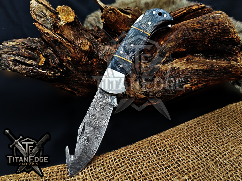 6.75" Handmade Damascus Folding Knife with Gut Hook