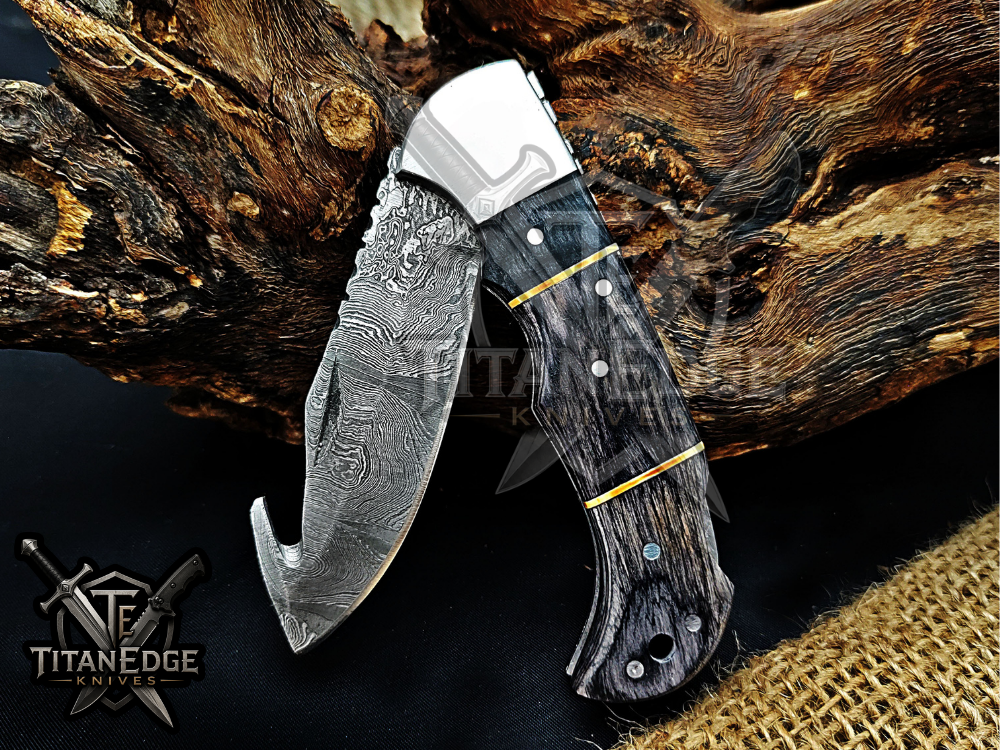6.75" Handmade Damascus Folding Knife with Gut Hook