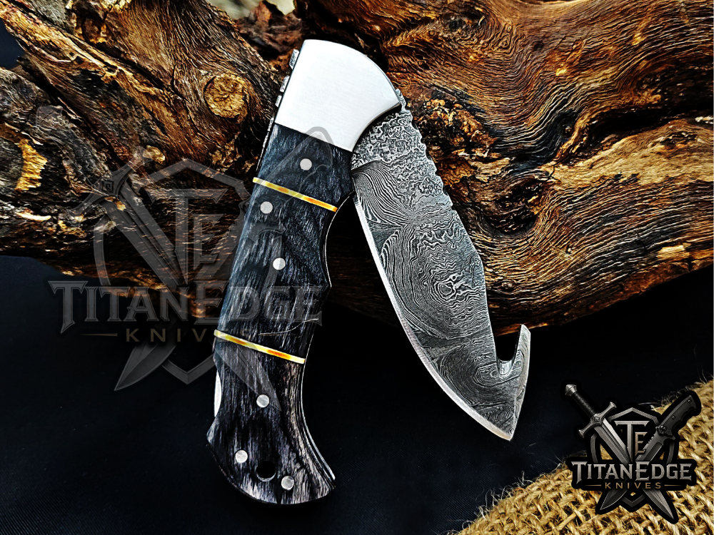 6.75" Handmade Damascus Folding Knife with Gut Hook
