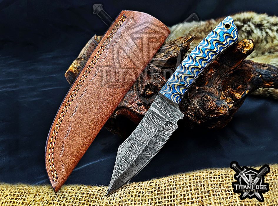 Personalized Handcrafted Damascus Hunting Knife, 8-Inch Full Tang Skinning Blade, Bushcraft EDC Tool, Wood Handle Camping Tool