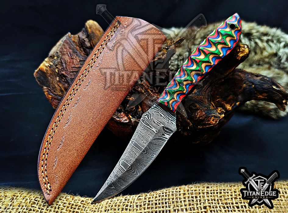 Personalized Handcrafted Damascus Hunting Knife, 8-Inch Full Tang Skinning Blade, Bushcraft EDC Tool, Wood Handle Camping Tool