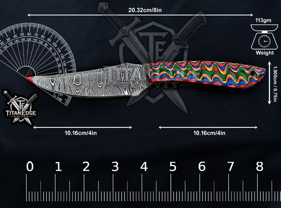 Personalized Handcrafted Damascus Hunting Knife, 8-Inch Full Tang Skinning Blade, Bushcraft EDC Tool, Wood Handle Camping Tool