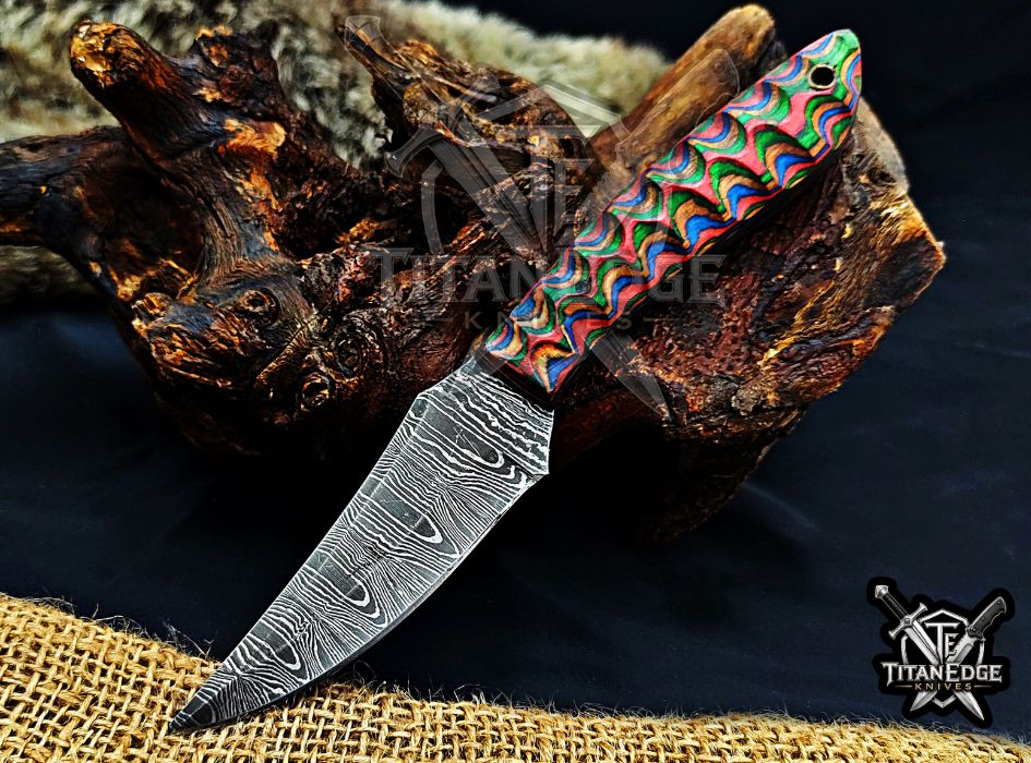 Personalized Handcrafted Damascus Hunting Knife, 8-Inch Full Tang Skinning Blade, Bushcraft EDC Tool, Wood Handle Camping Tool