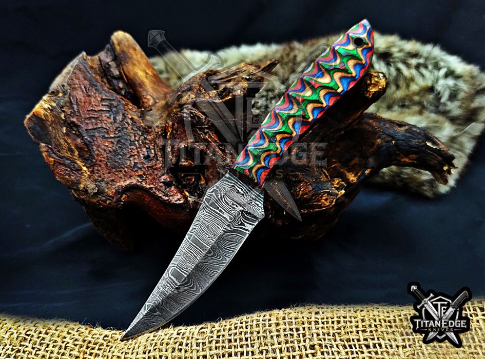 Personalized Handcrafted Damascus Hunting Knife, 8-Inch Full Tang Skinning Blade, Bushcraft EDC Tool, Wood Handle Camping Tool
