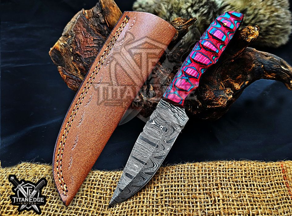 Personalized Handcrafted Damascus Hunting Knife, 8-Inch Full Tang Skinning Blade, Bushcraft EDC Tool, Wood Handle Camping Tool