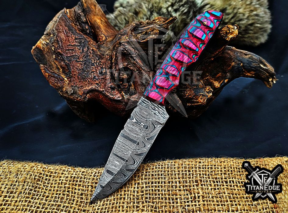 Personalized Handcrafted Damascus Hunting Knife, 8-Inch Full Tang Skinning Blade, Bushcraft EDC Tool, Wood Handle Camping Tool
