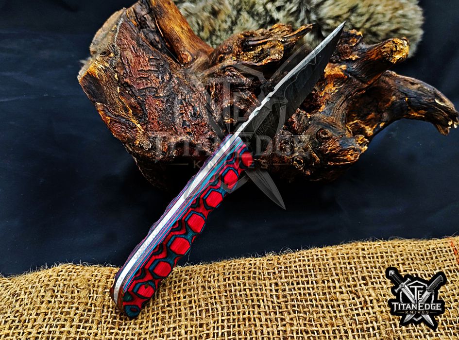 Personalized Handcrafted Damascus Hunting Knife, 8-Inch Full Tang Skinning Blade, Bushcraft EDC Tool, Wood Handle Camping Tool