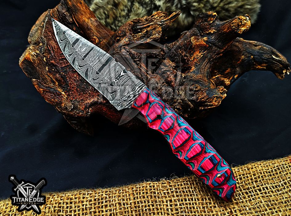 Personalized Handcrafted Damascus Hunting Knife, 8-Inch Full Tang Skinning Blade, Bushcraft EDC Tool, Wood Handle Camping Tool