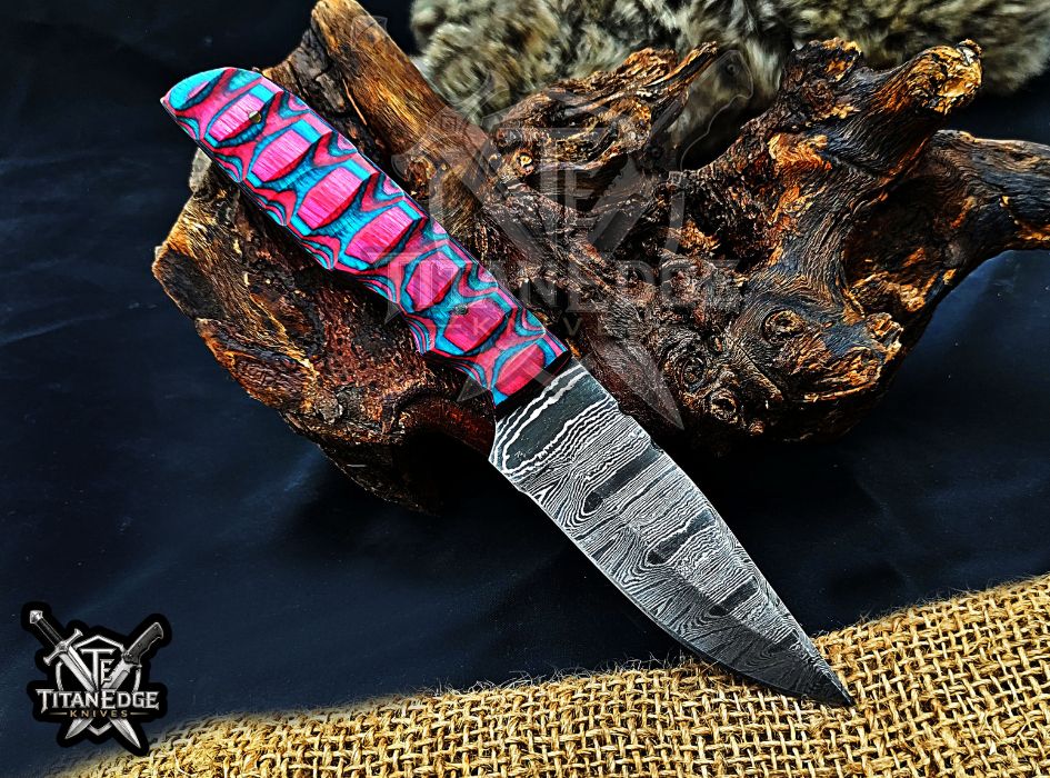 Personalized Handcrafted Damascus Hunting Knife, 8-Inch Full Tang Skinning Blade, Bushcraft EDC Tool, Wood Handle Camping Tool
