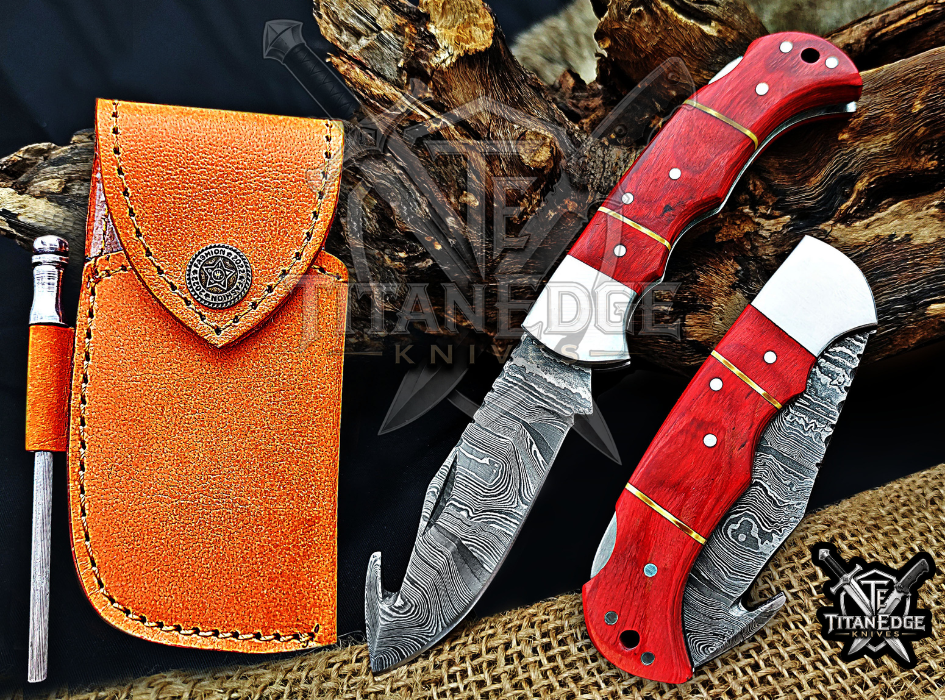 6.75" Handmade Damascus Folding Knife with Gut Hook