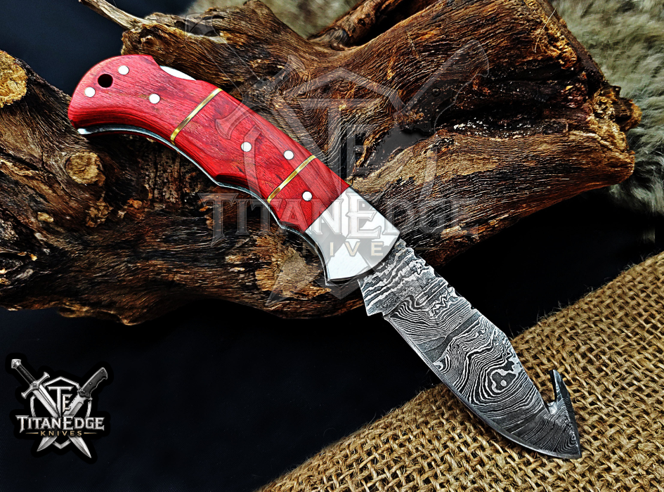 6.75" Handmade Damascus Folding Knife with Gut Hook