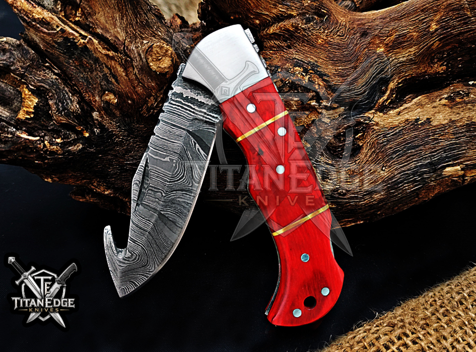 6.75" Handmade Damascus Folding Knife with Gut Hook