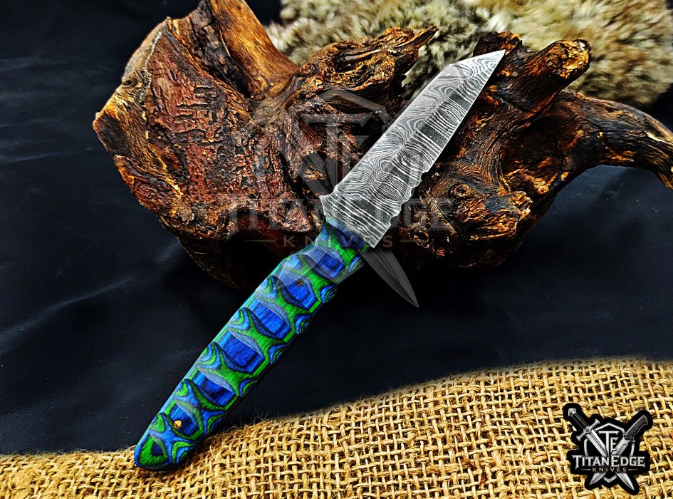 Personalized Handcrafted Damascus Hunting Knife, 8-Inch Full Tang Skinning Blade, Bushcraft EDC Tool, Wood Handle Camping Tool