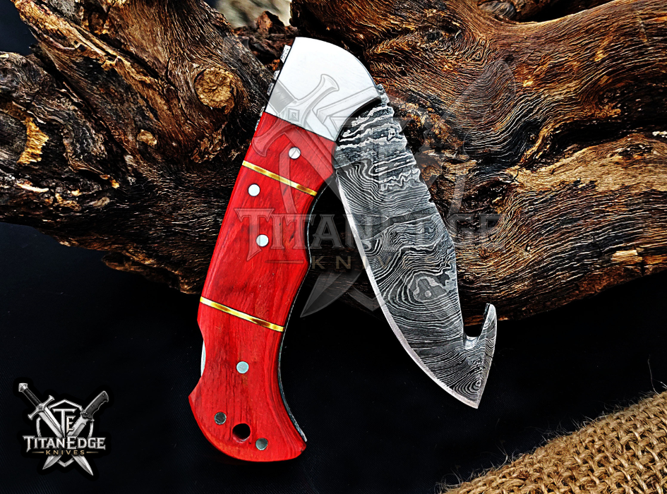 6.75" Handmade Damascus Folding Knife with Gut Hook