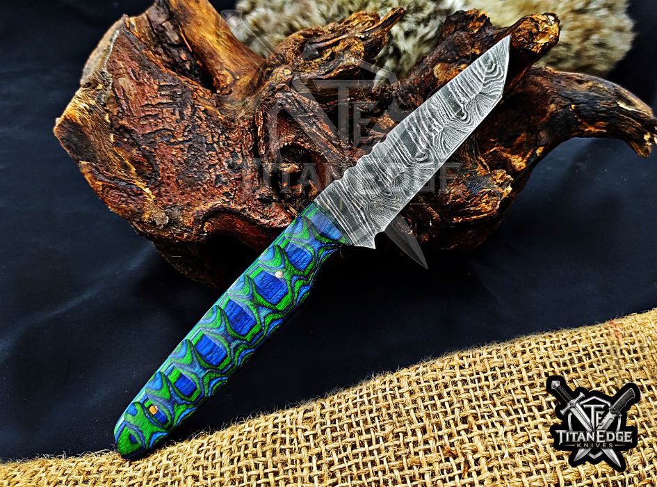 Personalized Handcrafted Damascus Hunting Knife, 8-Inch Full Tang Skinning Blade, Bushcraft EDC Tool, Wood Handle Camping Tool