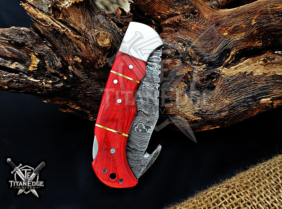 6.75" Handmade Damascus Folding Knife with Gut Hook
