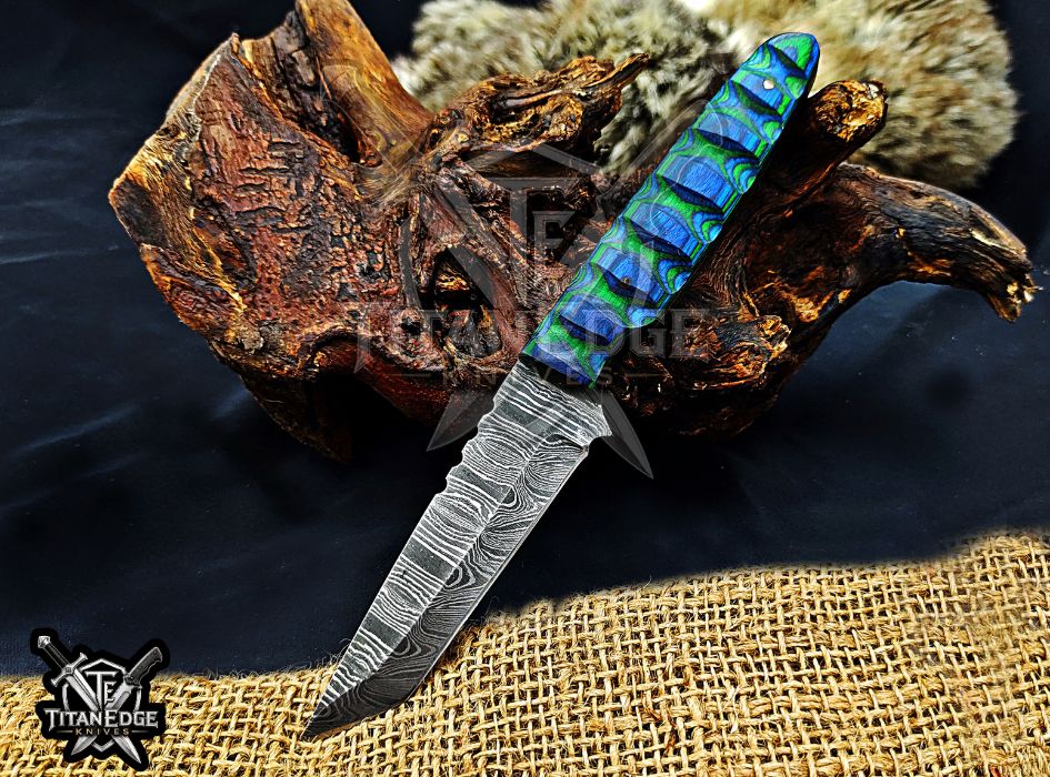 Personalized Handcrafted Damascus Hunting Knife, 8-Inch Full Tang Skinning Blade, Bushcraft EDC Tool, Wood Handle Camping Tool