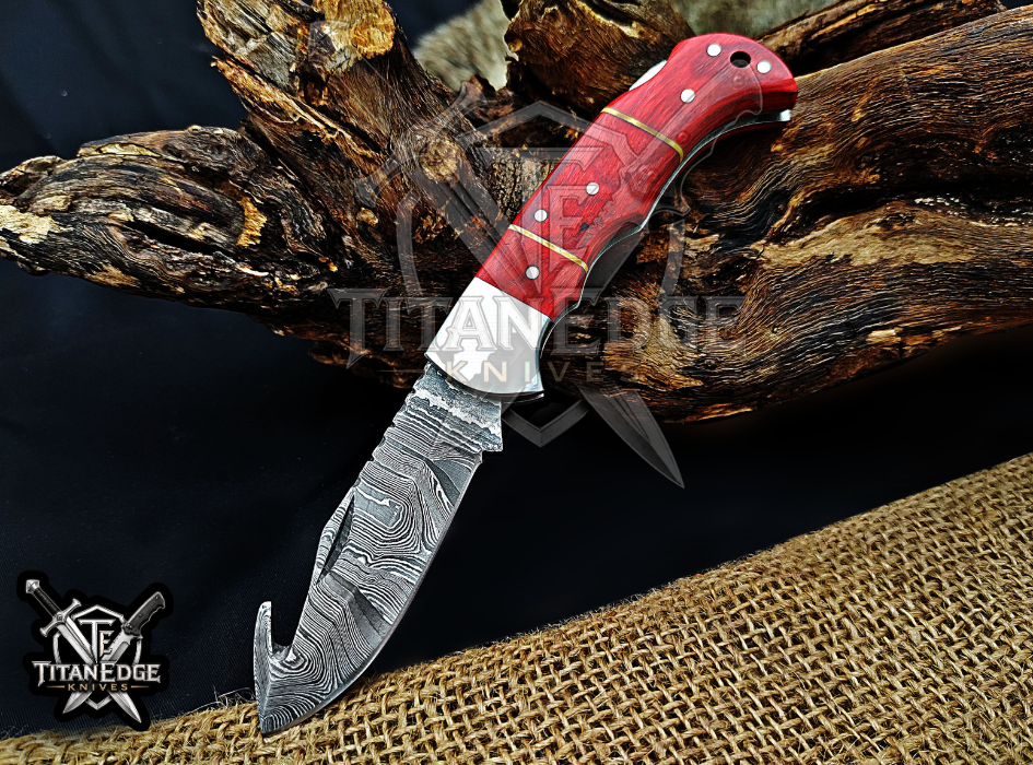 6.75" Handmade Damascus Folding Knife with Gut Hook