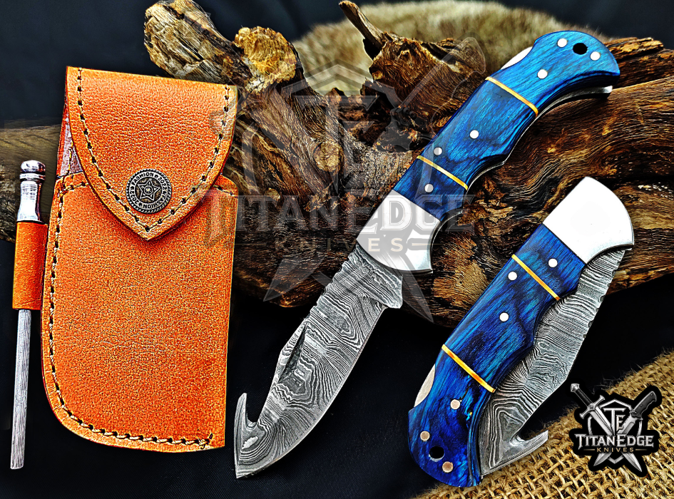 6.75" Handmade Damascus Folding Knife with Gut Hook