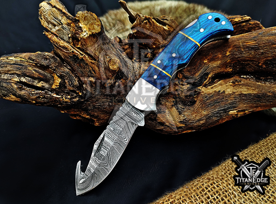 6.75" Handmade Damascus Folding Knife with Gut Hook