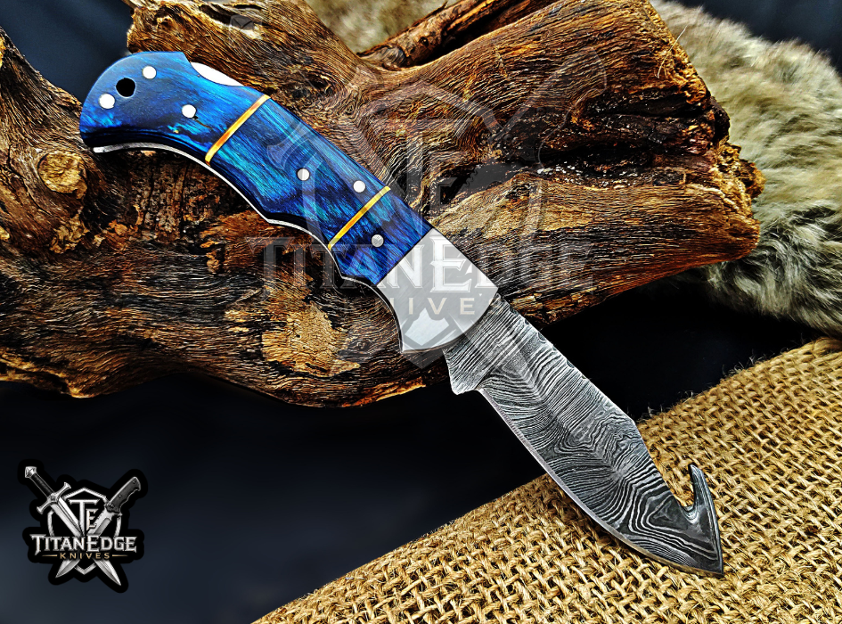 6.75" Handmade Damascus Folding Knife with Gut Hook