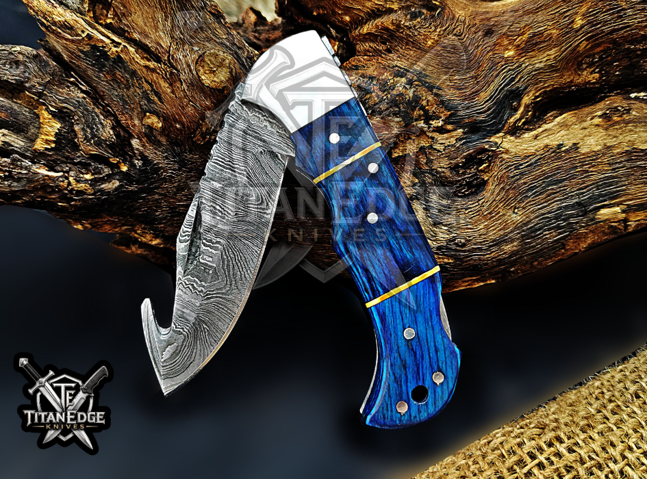 6.75" Handmade Damascus Folding Knife with Gut Hook