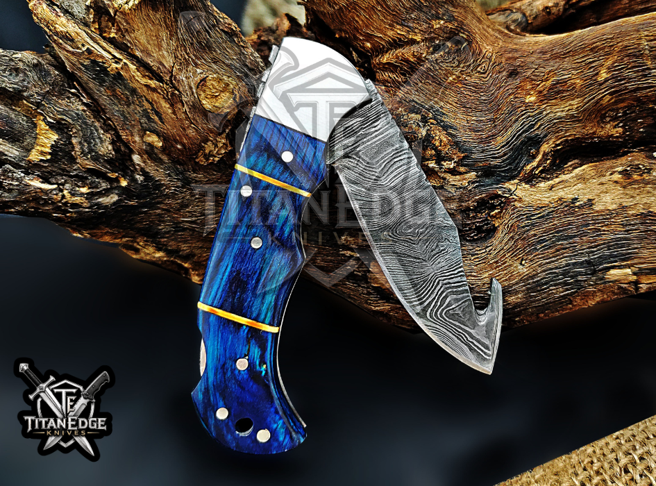 6.75" Handmade Damascus Folding Knife with Gut Hook