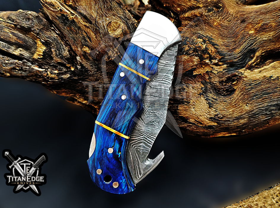 6.75" Handmade Damascus Folding Knife with Gut Hook