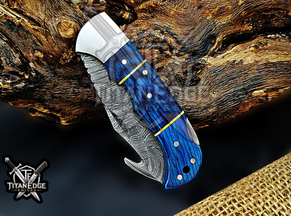 6.75" Handmade Damascus Folding Knife with Gut Hook