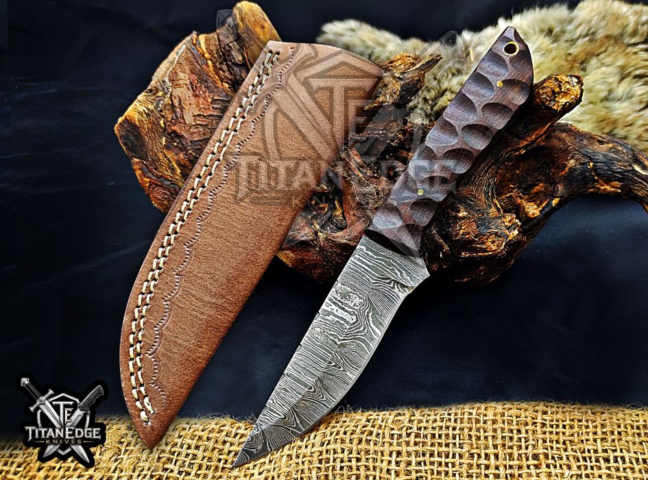 Personalized Handcrafted Damascus Hunting Knife, 8-Inch Full Tang Skinning Blade, Bushcraft EDC Tool, Wood Handle Camping Tool