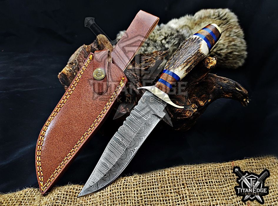 Handmade 10" Damascus Steel Fixed Blade Hunting Knife, Stag Antler Handle, Groomsmen Gift With Leather Sheath