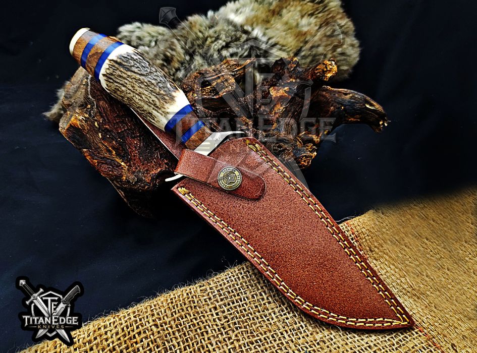 Handmade 10" Damascus Steel Fixed Blade Hunting Knife, Stag Antler Handle, Groomsmen Gift With Leather Sheath
