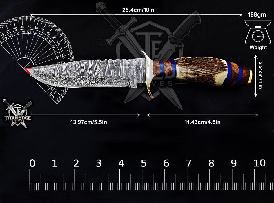 Handmade 10" Damascus Steel Fixed Blade Hunting Knife, Stag Antler Handle, Groomsmen Gift With Leather Sheath