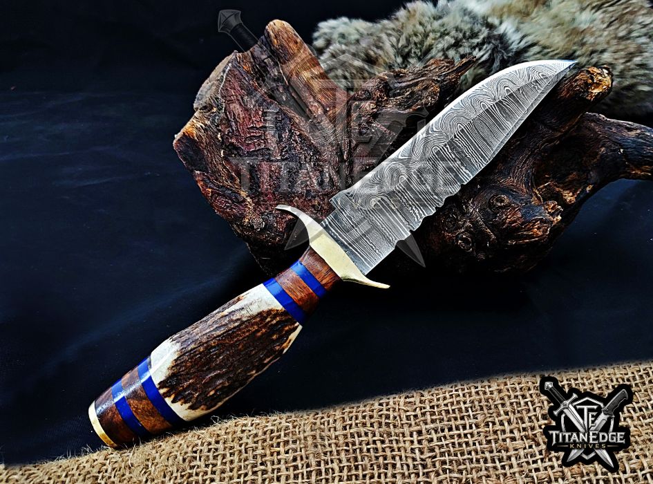 Handmade 10" Damascus Steel Fixed Blade Hunting Knife, Stag Antler Handle, Groomsmen Gift With Leather Sheath