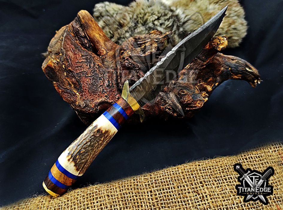 Handmade 10" Damascus Steel Fixed Blade Hunting Knife, Stag Antler Handle, Groomsmen Gift With Leather Sheath