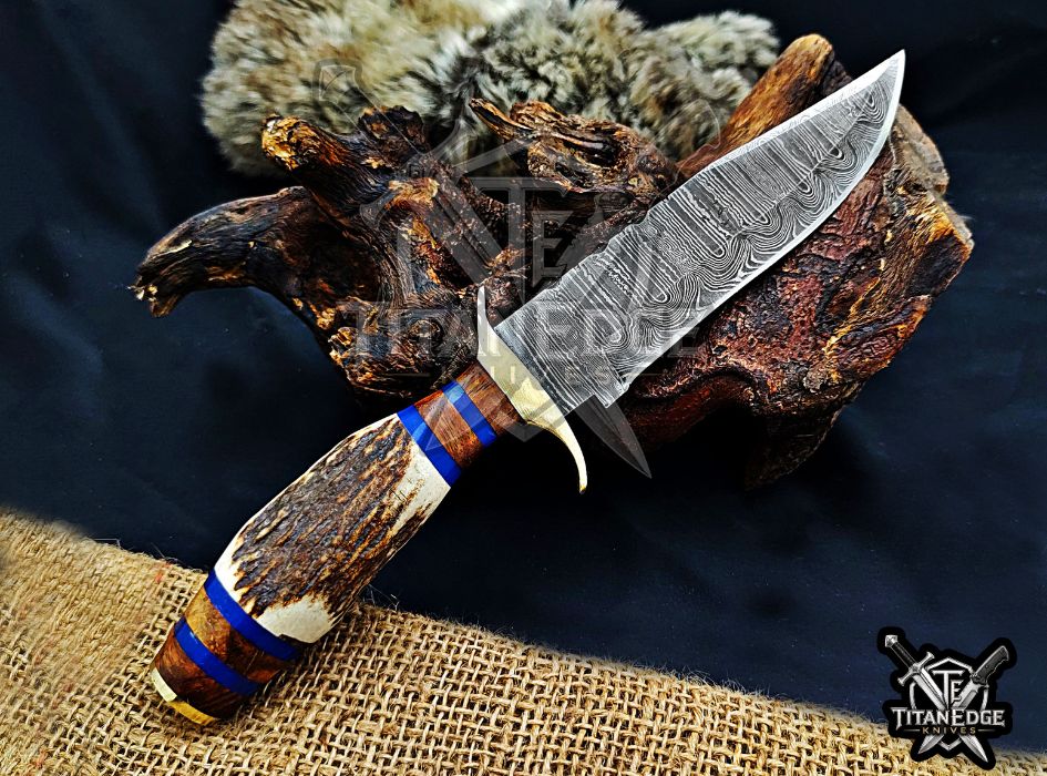Handmade 10" Damascus Steel Fixed Blade Hunting Knife, Stag Antler Handle, Groomsmen Gift With Leather Sheath