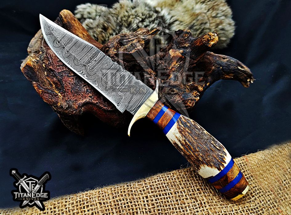 Handmade 10" Damascus Steel Fixed Blade Hunting Knife, Stag Antler Handle, Groomsmen Gift With Leather Sheath