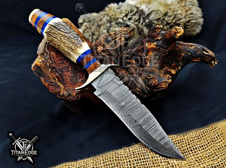 Handmade 10" Damascus Steel Fixed Blade Hunting Knife, Stag Antler Handle, Groomsmen Gift With Leather Sheath