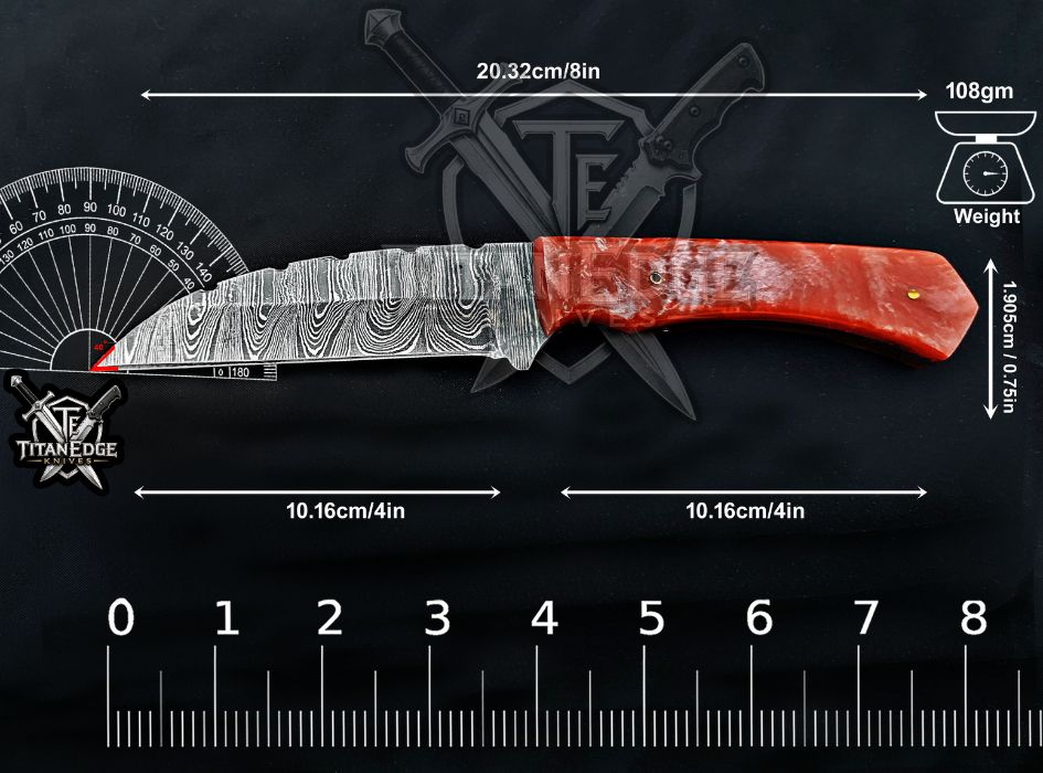 Personalized Handcrafted Damascus Hunting Knife, 8-Inch Full Tang Skinning Blade, Bushcraft EDC Tool, Resin Handle Camping Tool