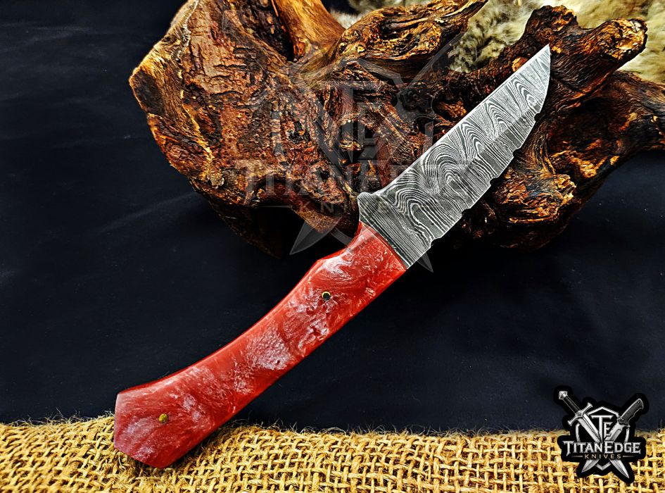 Personalized Handcrafted Damascus Hunting Knife, 8-Inch Full Tang Skinning Blade, Bushcraft EDC Tool, Resin Handle Camping Tool