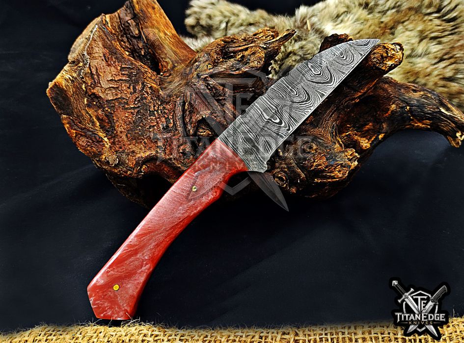 Personalized Handcrafted Damascus Hunting Knife, 8-Inch Full Tang Skinning Blade, Bushcraft EDC Tool, Resin Handle Camping Tool