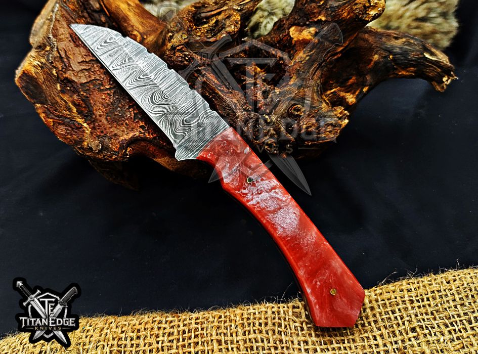 Personalized Handcrafted Damascus Hunting Knife, 8-Inch Full Tang Skinning Blade, Bushcraft EDC Tool, Resin Handle Camping Tool