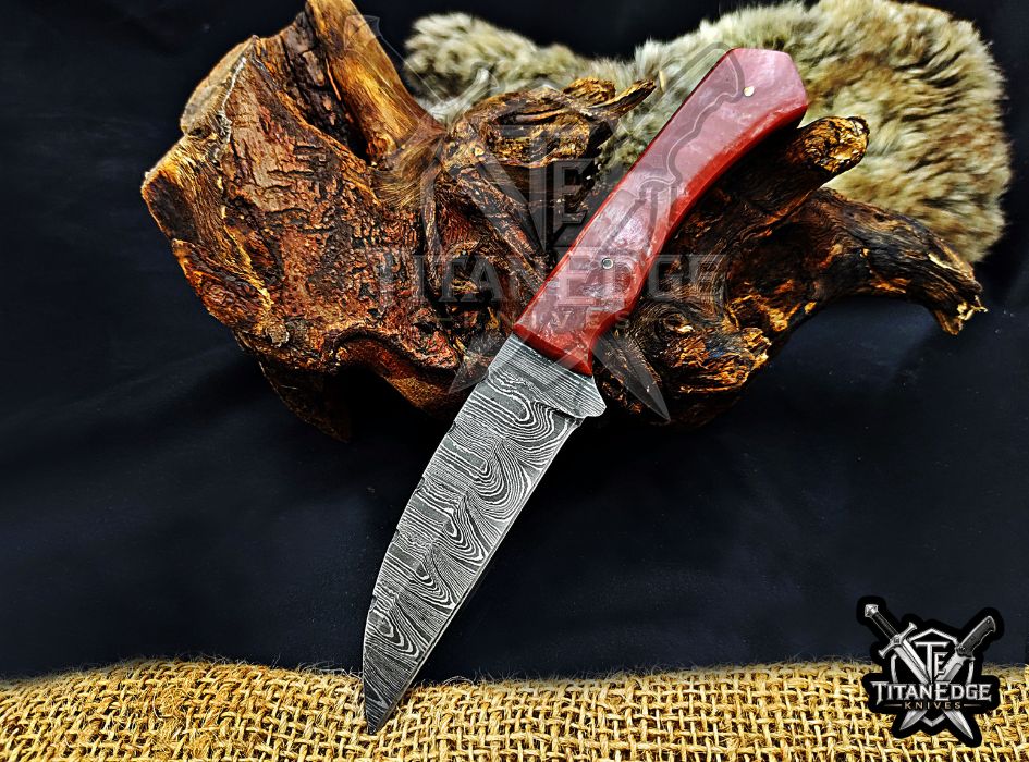Personalized Handcrafted Damascus Hunting Knife, 8-Inch Full Tang Skinning Blade, Bushcraft EDC Tool, Resin Handle Camping Tool