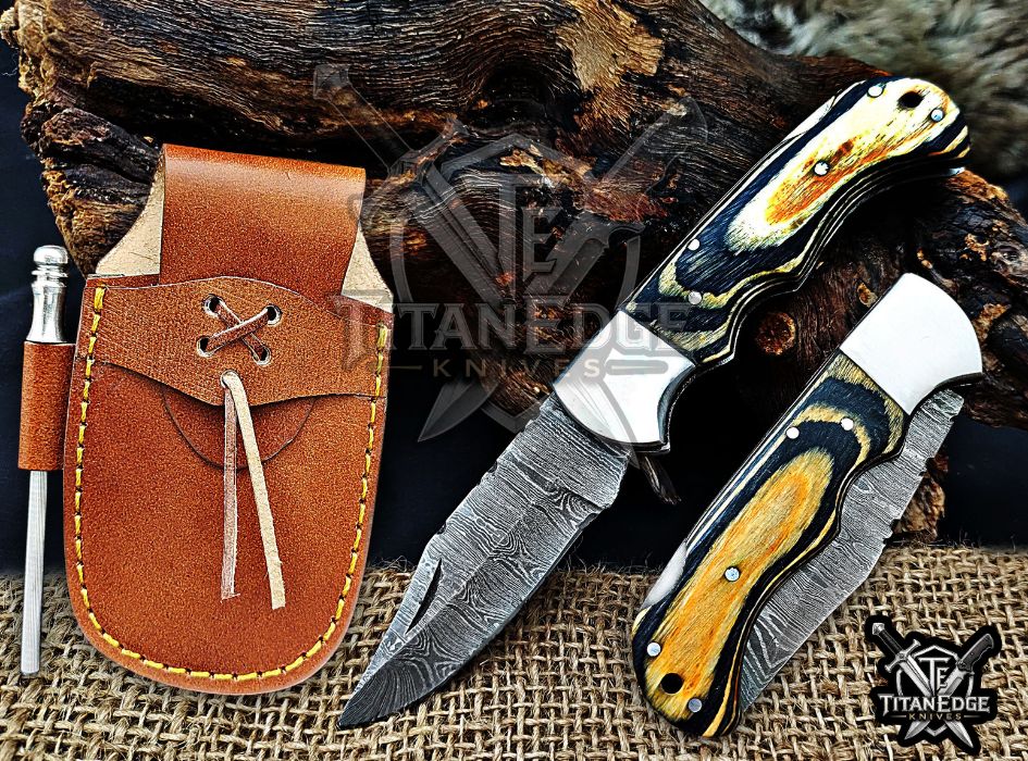 Personalized Handmade 6.75"Damascus Steel Pocket Knife, Folding EDC Hunting Knife, Wood Handle, Groomsmen Gift With Leather Sheath